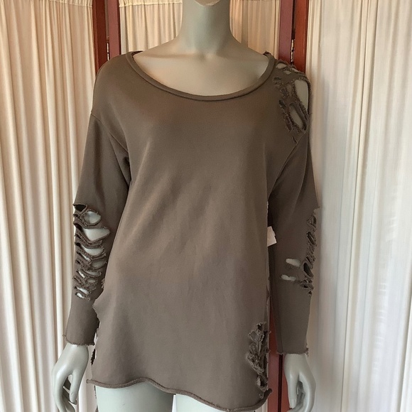 NSF Womens Distressed Destroyed Sweatshirt Top Khaki Green Size Small - Picture 1 of 7